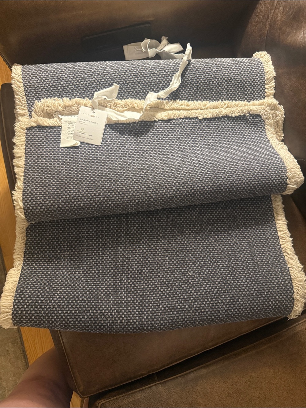 Pottery Barn Navy Blue w Cream Fringe Table Runner